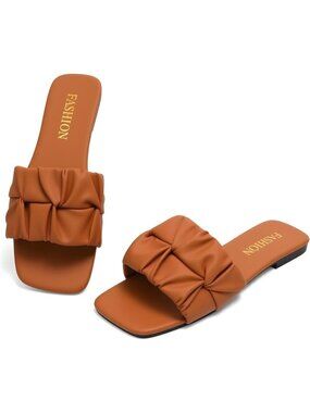 Women's Light Brown Pleated Square Toe Slide Sandals Summer Wedding Flats Shoes